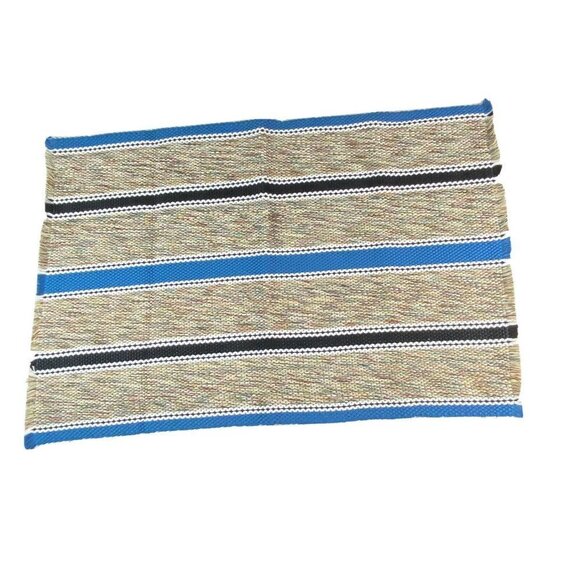 Hand Woven Throw Rug 36x24 Blue Black Stripe Chindi Rag Reversible‎ Fringe - Picture 7 of 7
